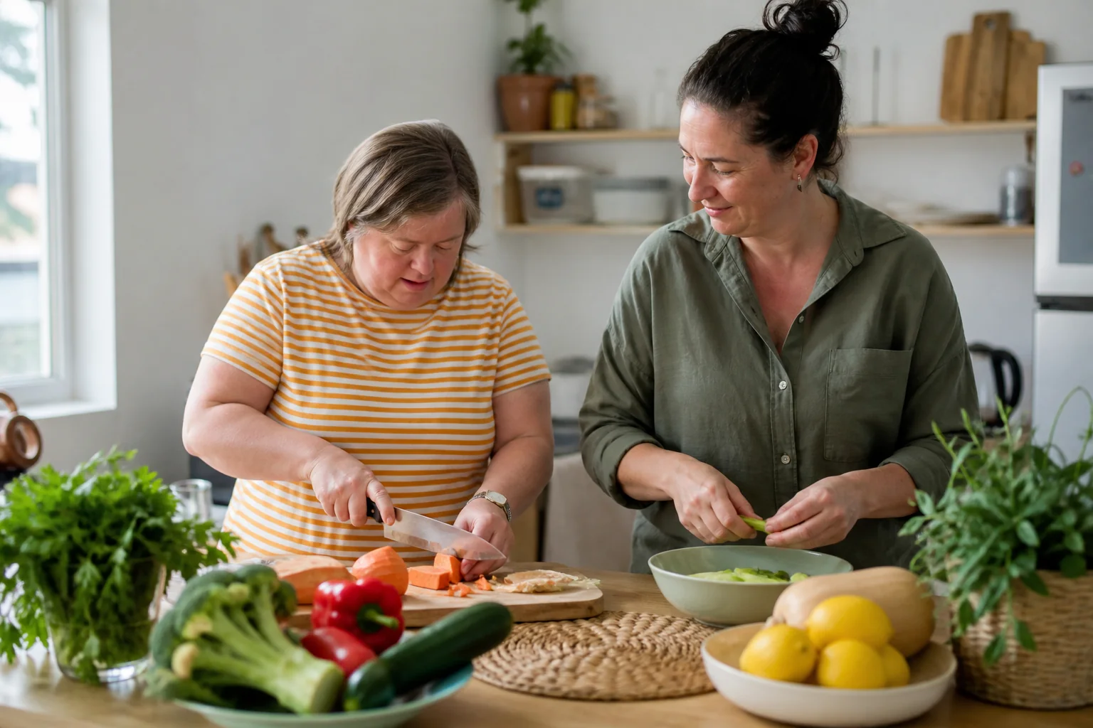 An adult participant and support worker preparing vegetables together