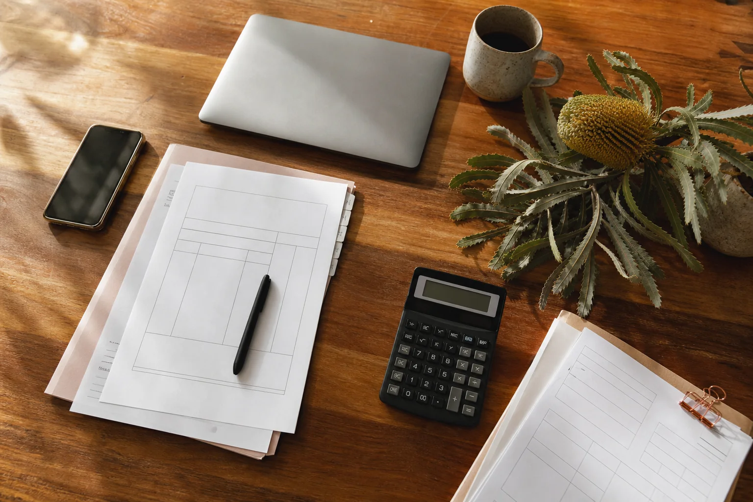 NDIS invoice checklist beside a calculator and laptop on a timber desk