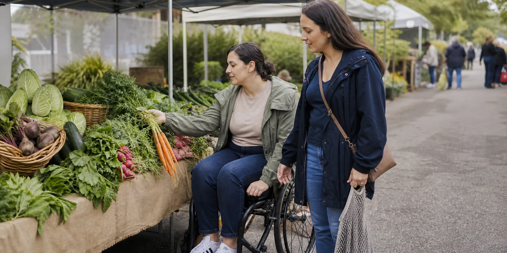 A wheelchair user choosing produce with a support worker at a neighbourhood market
